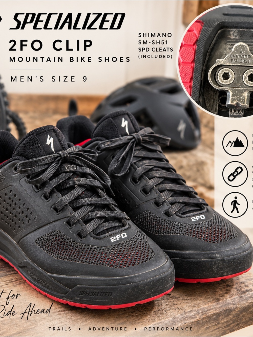Specialized 2FO Clip Mountain Bike Cycling Shoes Men’s Size 9 +Shimano SPD Clip